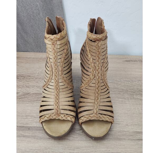 Madden Girl Size 6.5 Tan Light Brown Open toe 3.5" Heels Booties Sandals Ankle - Picture 6 of 10